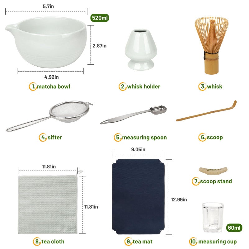 Joiish Matcha Tea Set 10-Pcs Kit  Whisk and Bowl with Spout & Measuring Spoon  Japanese Tea Making Tools  Grey - Image 5